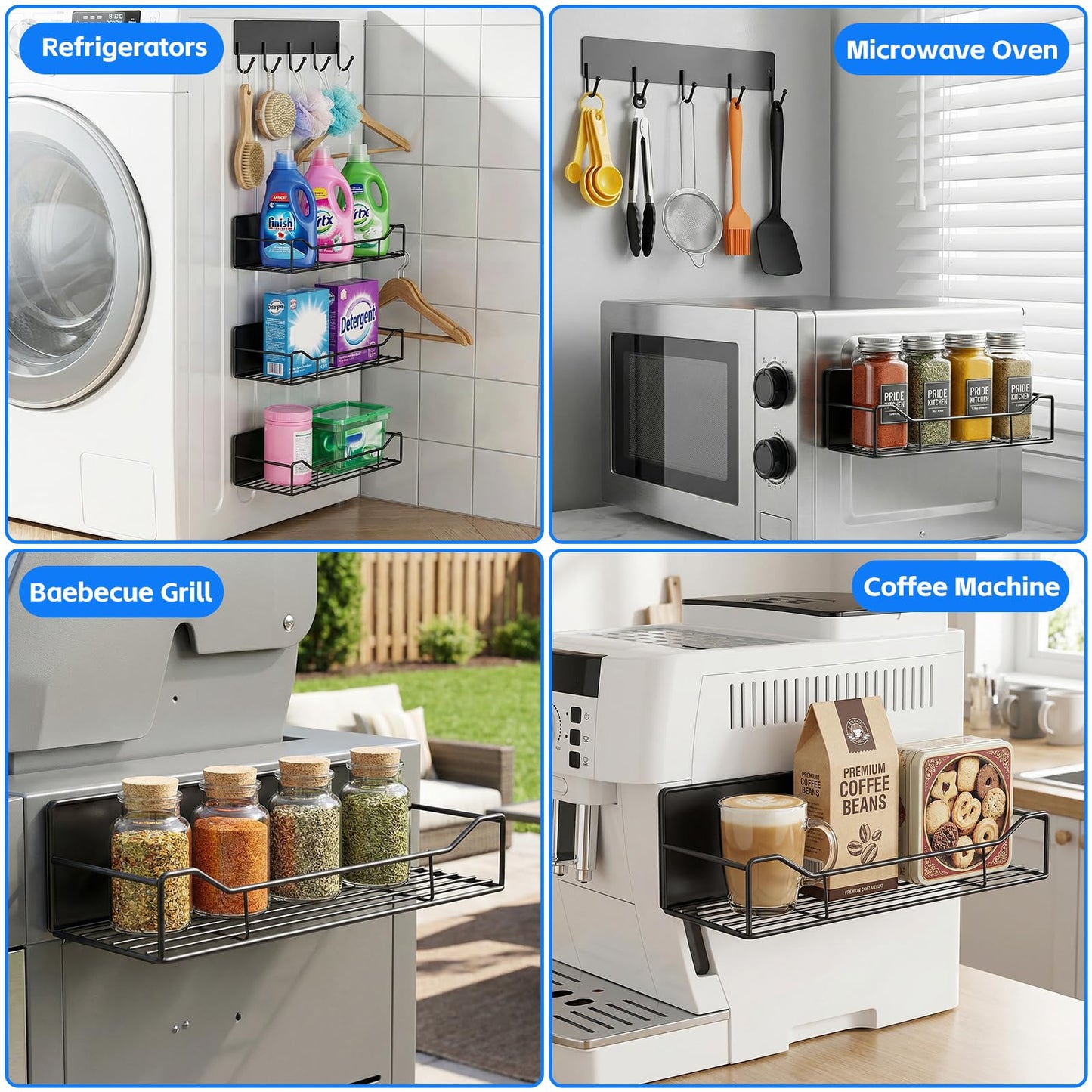 Magnetic Spice Rack for Refrigerator, 5 Pack Magnetic Fridge Organizer Shelves, Strong Magnetic Hold, No Drilling, Space Saving Storage Rack for Kitchen Spice Jars, Pantry & Refrigerator (Black)