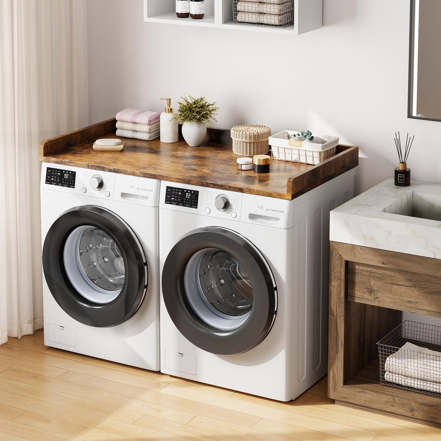 IDEALHOUSE 2-Tier Washer and Dryer Countertop with Shelf or Drawers, Laundry Countertop Cover with Non-Slip Pad, 54"X27.5" Laundry Topper for Folding Clothes Over Washer and Dryer-White