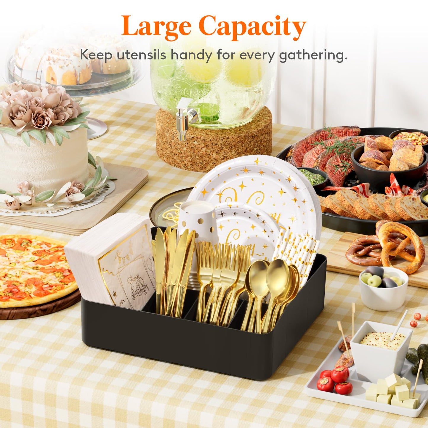 Lifewit Paper Plate Organizer for Kitchen Countertop, Plastic Silverware Caddy for Party, Utensil Holder with 7 Compartment, Cutlery Flatware Dispenser Box for Cup Spoon Fork Napkin, Black, 29 -31cm