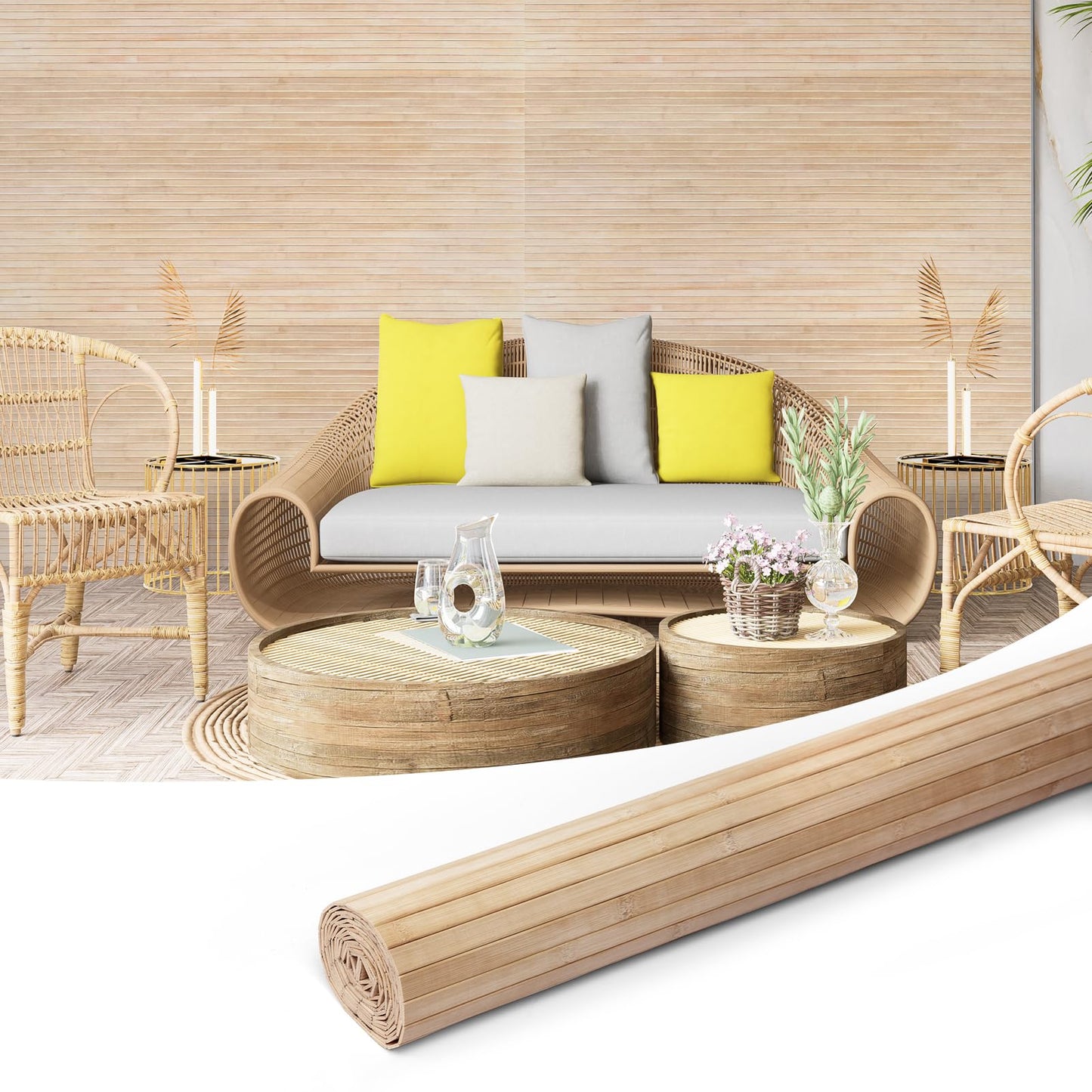 Art3d 48 x 96 Inch Natural Bamboo Wall Panel for Interior Wall Decor, Flexible Pole Wrap Wainscoting Wall Cladding Paneling for Living Room, Bedroom, Office, Kitchen Island, Light-carbonized