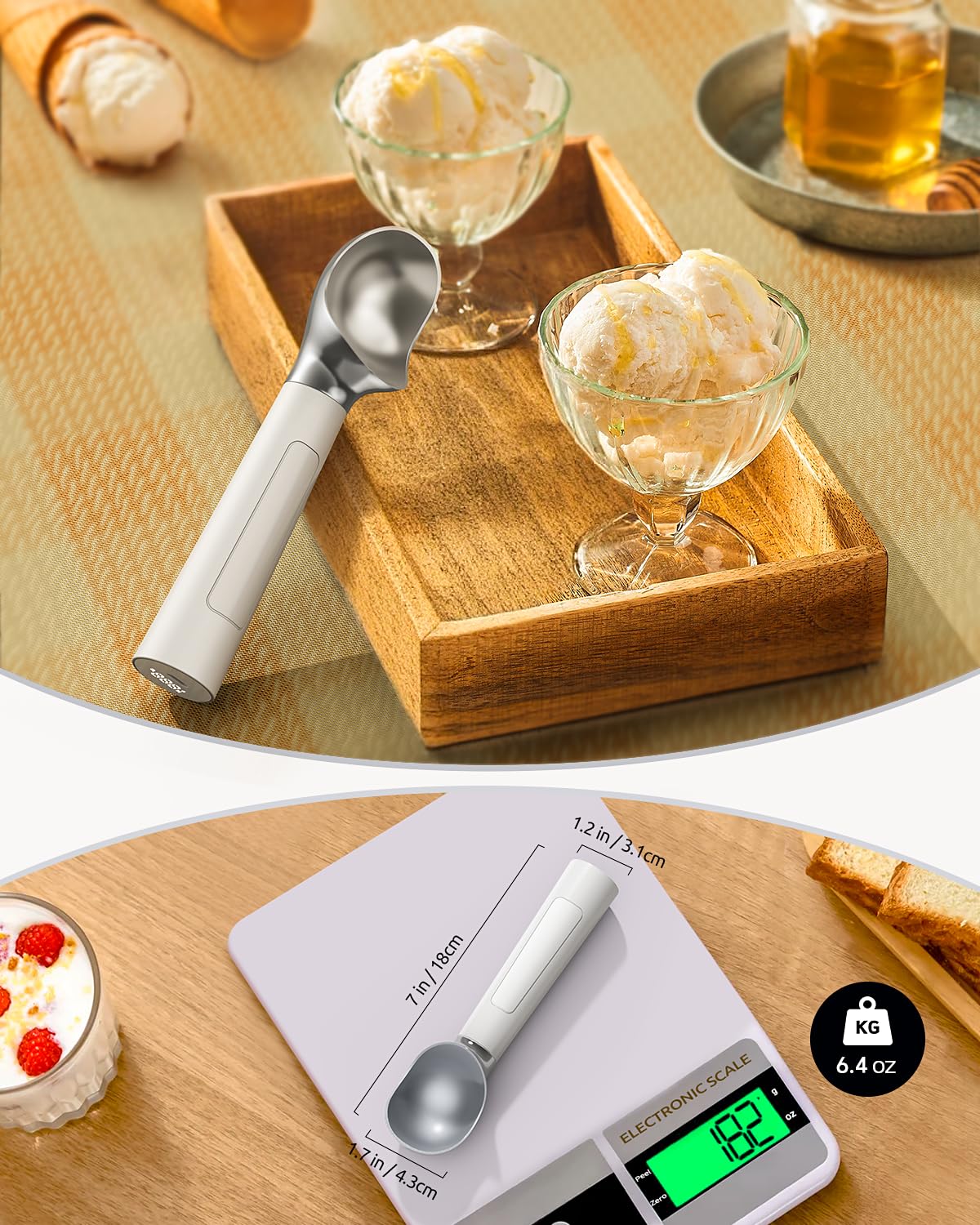 Heated Ice Cream Scoop Rechargeable Electric, 158°F Auto-Thermal Warming Scoop for Hard Ice Cream, Cordless LED Display, One-Button Operation, IP67 Waterproof Easy Clean (1, White)