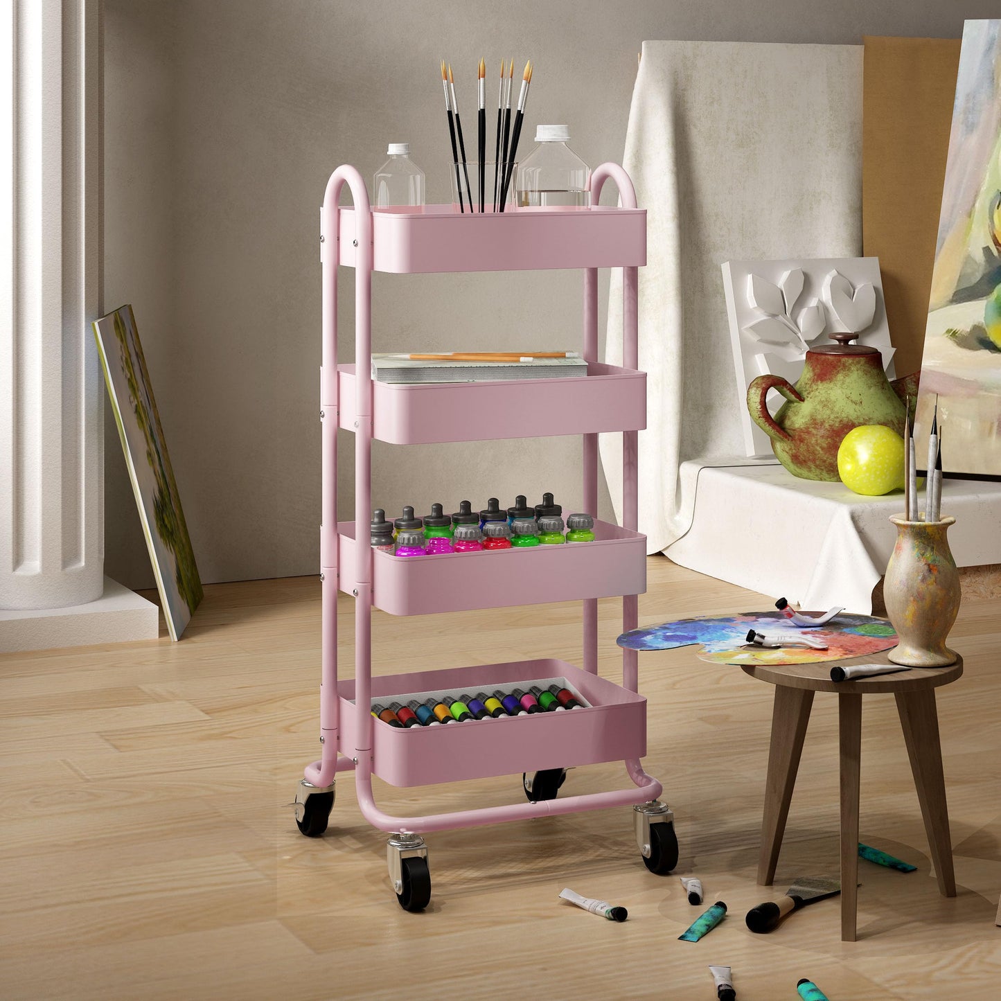Elitehouse 4 Tier Metal Rolling Cart Pink Utility Cart with Wheels,Rolling Pink Cart for Office,Home,Kitchen,Garden（13.4"x18.1"x40"）
