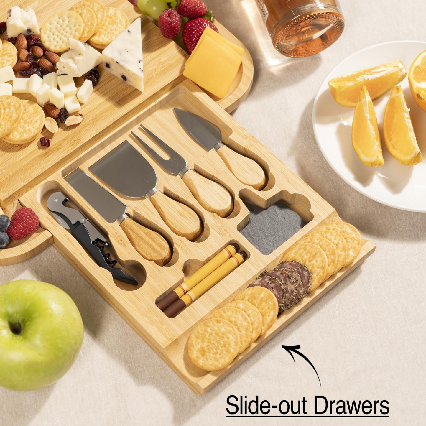 Charcuterie Board Set with Knife Drawer – Large Bamboo Cheese Board Set with Knives, Serving Board for Meat, Cheese & Appetizers – Housewarming & Wedding Gift