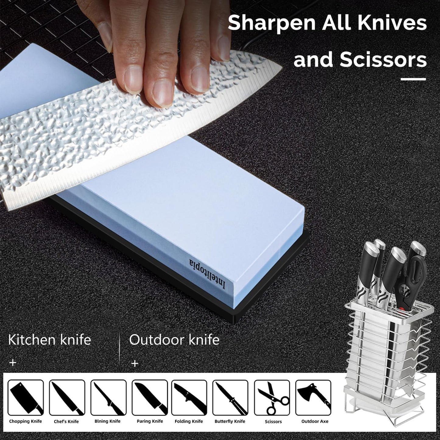 Intelitopia Complete Knife Sharpening Stone Set – Dual Grit Whetstone 400/1000 3000/8000 Knife Sharpener with Leather Strop, Flattening Stone, Bamboo Base, 3 Non-slip Rubber Bases & Angle Guide
