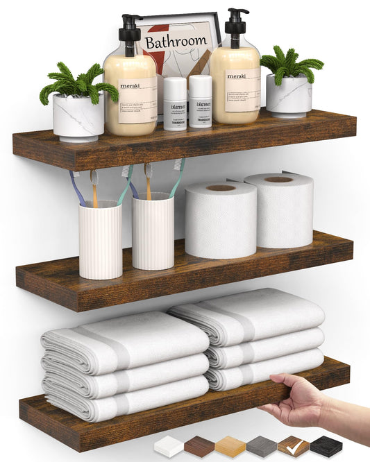 BAYKA Bathroom Floating Shelves for Wall Set of 3 - Rustic Brown Farmhouse Wood Shelves Over Toilet for Bedroom, Kitchen, or Living Room Decor Display, Storage for Plants, Toilet Paper or Bath Towels