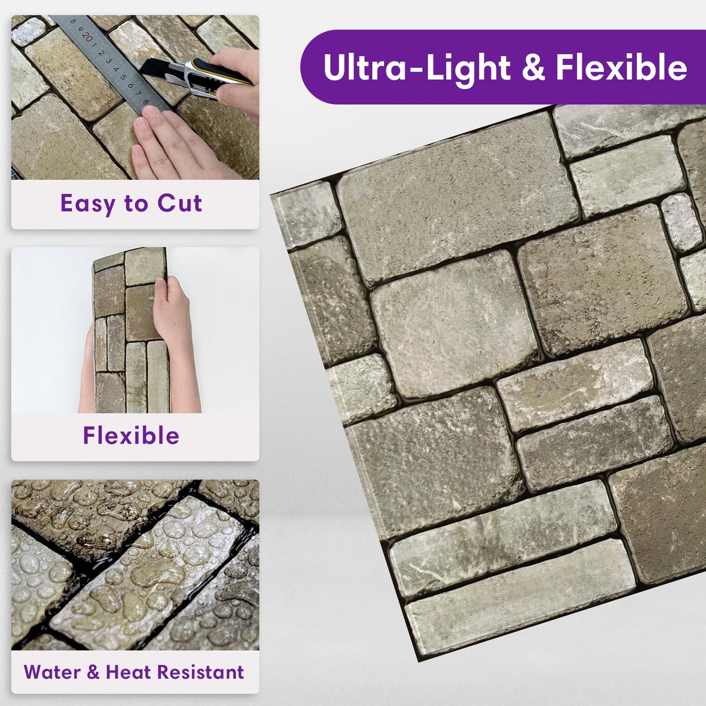 SMOOSTIKC 3D Faux Stone Wall Panels Peel and Stick, 10 Pcs 11.8" x 11.8", Stone-Look Textured Wall Sticker, Ultra-Light Thin PVC Fake Stone Wall Covering Tiles for Quick DIY, Brown