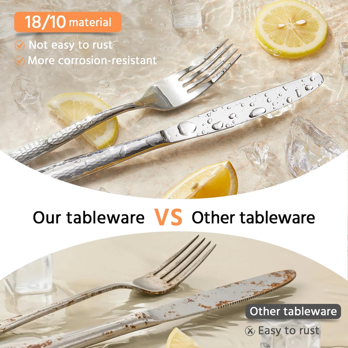 Kingstone Hammered Silverware Set, 10-Piece Flatware Set for 2, 18/10 Stainless Steel Heavy Duty Cutlery Set, Mirror Polished Utensil Sets for Home, Restaurant, Wedding, Dishwasher Safe