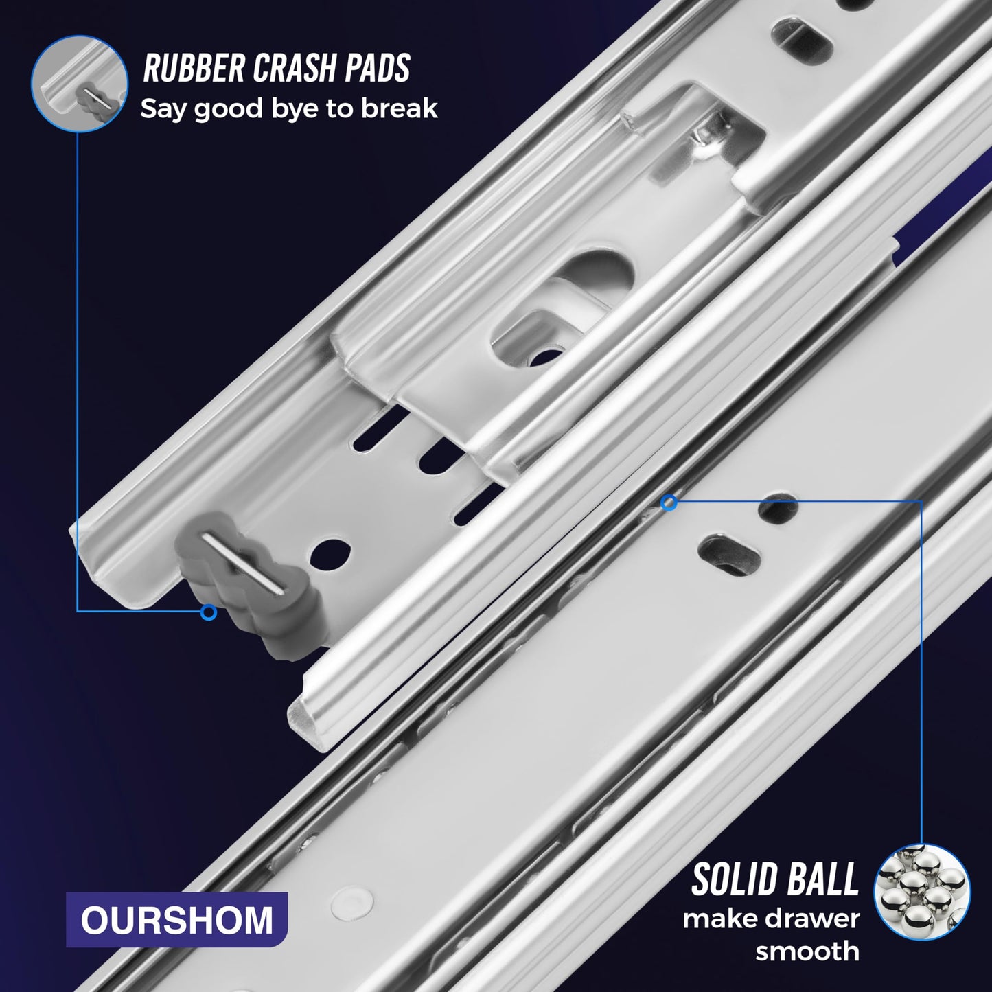 Ourshom 20 Inch Drawer Slides 1 Pairs (2pcs) Side Mount Rails - Heavy Duty Full Extension Ball Bearing – Drawer Slide Glides for Cabinet Kitchen, Dresser Runners - Draw Slides Sliders 100Lb Capacity
