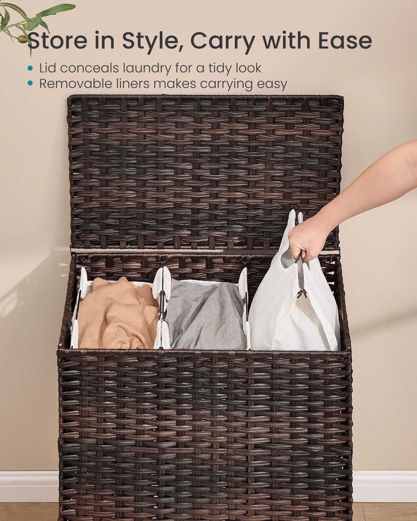 SONGMICS 3-Section Laundry Hamper with Lid, 42.2 Gal (160L) PE Rattan Laundry Basket with Removable Washable Liners, for Bedroom & Living Room, Chestnut Brown ULCB223ME01