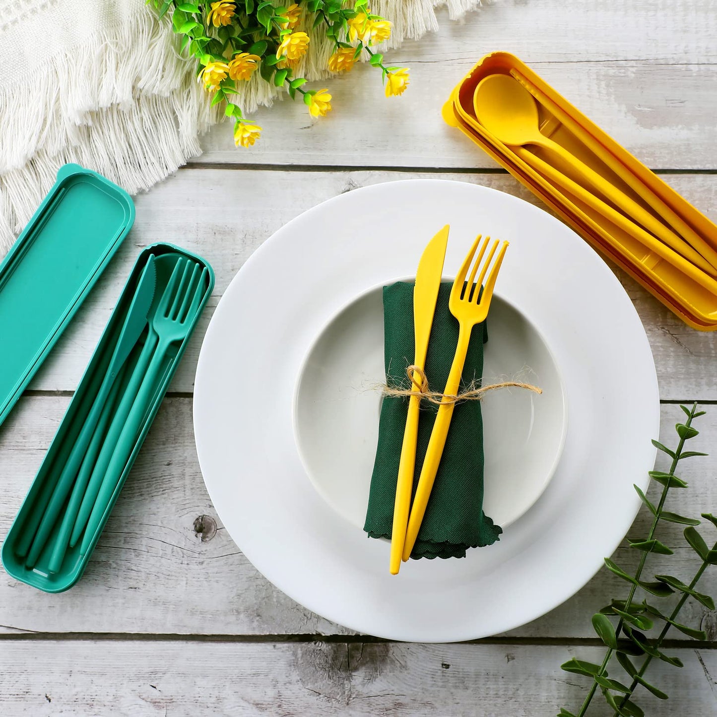 12 Sets Reusable Travel Utensils Set with Case (Knife, Fork, Spoon, Chopsticks), Wheat Straw Portable Plastic Camping Cutlery, Lunch Tableware for Kids Adults Daily Use, Gifts for Office Christmas