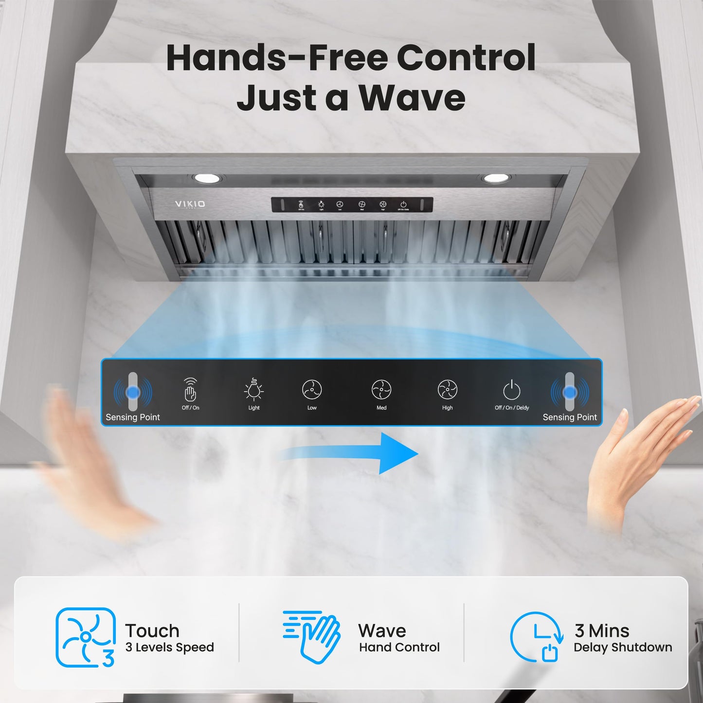 VIKIO HOME Range Hood Insert 30 Inch,Built-in Kitchen Hood with 980 CFM, Ducted/Ductless Convertible Duct,Stainless Steel Kitchen Vent Hood/Gesture/Touch Control, 2 Pcs Baffle Filters with Handlebar