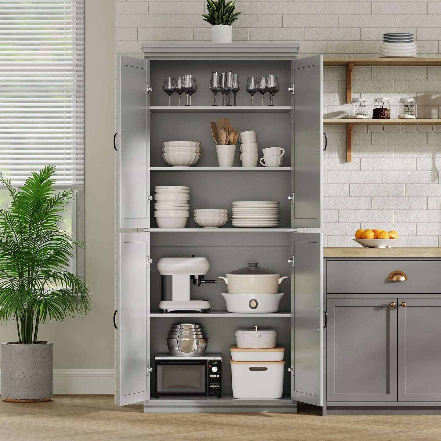 GarveeHome Pantry Cabinet, Freestanding Kitchen Pantry Storage Cabinet,70 in Cupboard, Tall Storage Cabinet with Doors and Adjustable Shelves, for Bathroom, Dining Room, Living Room, Gray