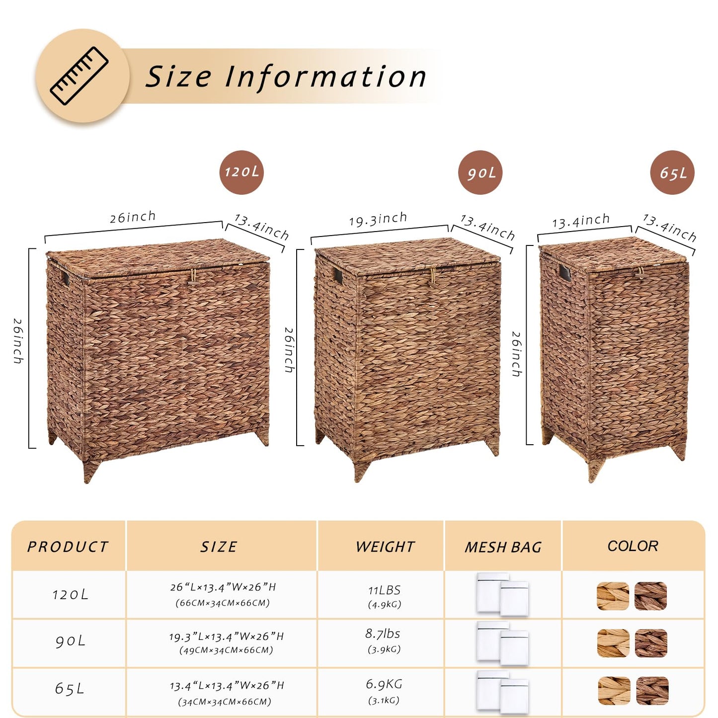 LGENHOOM Natural Hyacinth Laundry Hamper with Lid, Handwoven Heightened Feet Laundry Basket, Wicker Clothes Hamper with Removable Liner Bag for Clothes and Towels (Espresso, 90L)