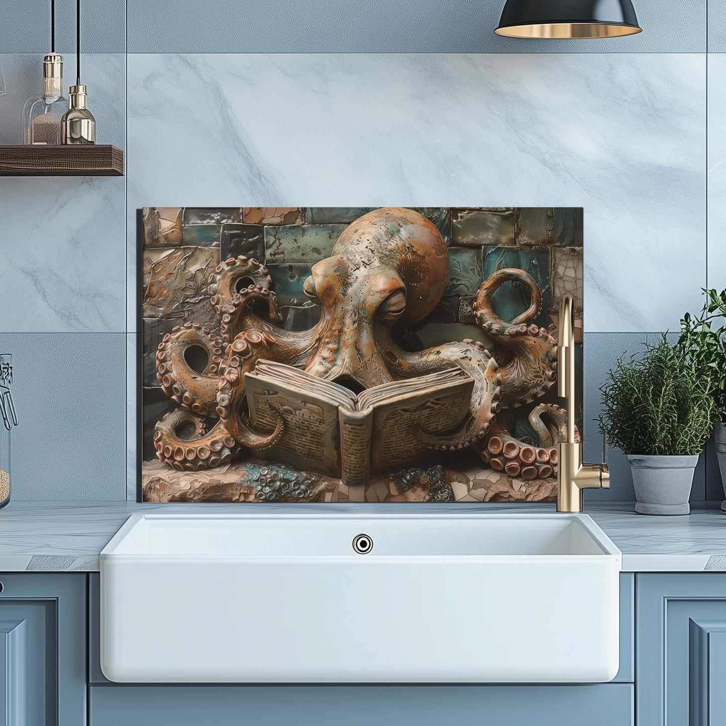 Evgosm Octopus Tempered Glass Kitchen Backsplash, Easy-to-Clean Kitchen Sink Cover with Splash Shield, Home Kitchen Decor (30 inches x 18 inches).