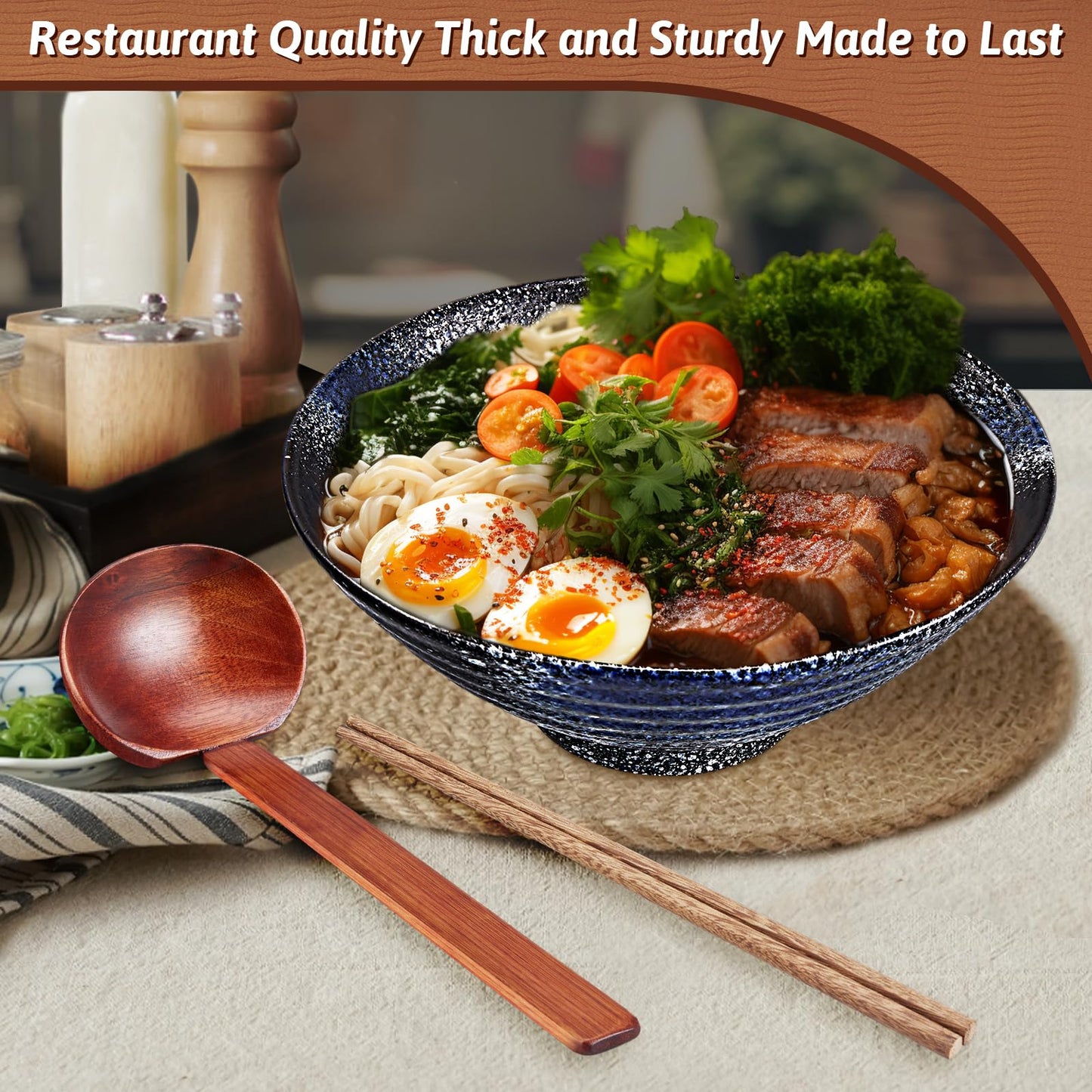 8-Inch Large Ceramic Ramen Bowl Set of 2 (9 Piece) - Microwave & Dishwasher Safe Porcelain Japanese Salad Noodles Cereal Fruit Pasta Soup Bowls with Recipes Chopsticks Forks Spoons for Men Women Gift