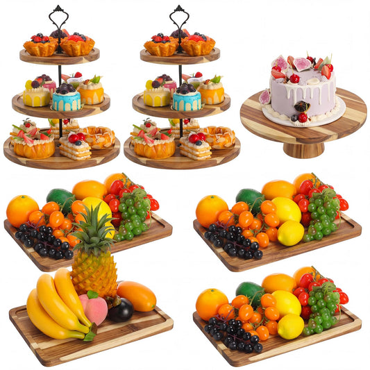 RattanView 7 Pcs Wood Dessert Table Display Set Wooden 3 Tie Cupcake Stands Rustic Round Cake Stand Wood Dessert Serving Trays for Wedding Baby Shower Birthday Tea Party(Brown)