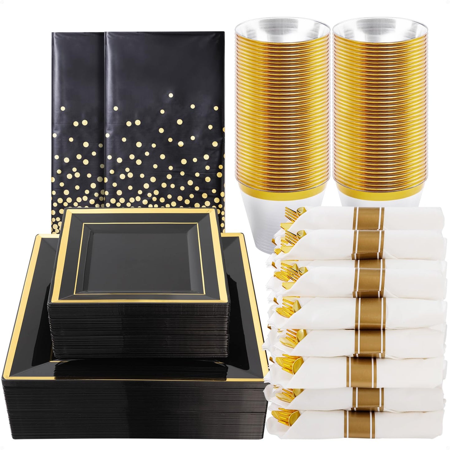 Goodluck 352 Pieces Black Dinnerware Set for 50 Guests, Black Square Plastic Plates with Gold Trim, Include: 100 Plastic Plates, 50 Rolled Napkins, 50 Cups, 50 Cutlery Set and 2 Tablecloth