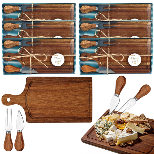 6 Set Bridal Baby Shower Cheese Prizes Wooden Serving Board Gift Set for Guests Housewarming Gifts with Knives Forks Thank You Tags and Box(Acacia Color)
