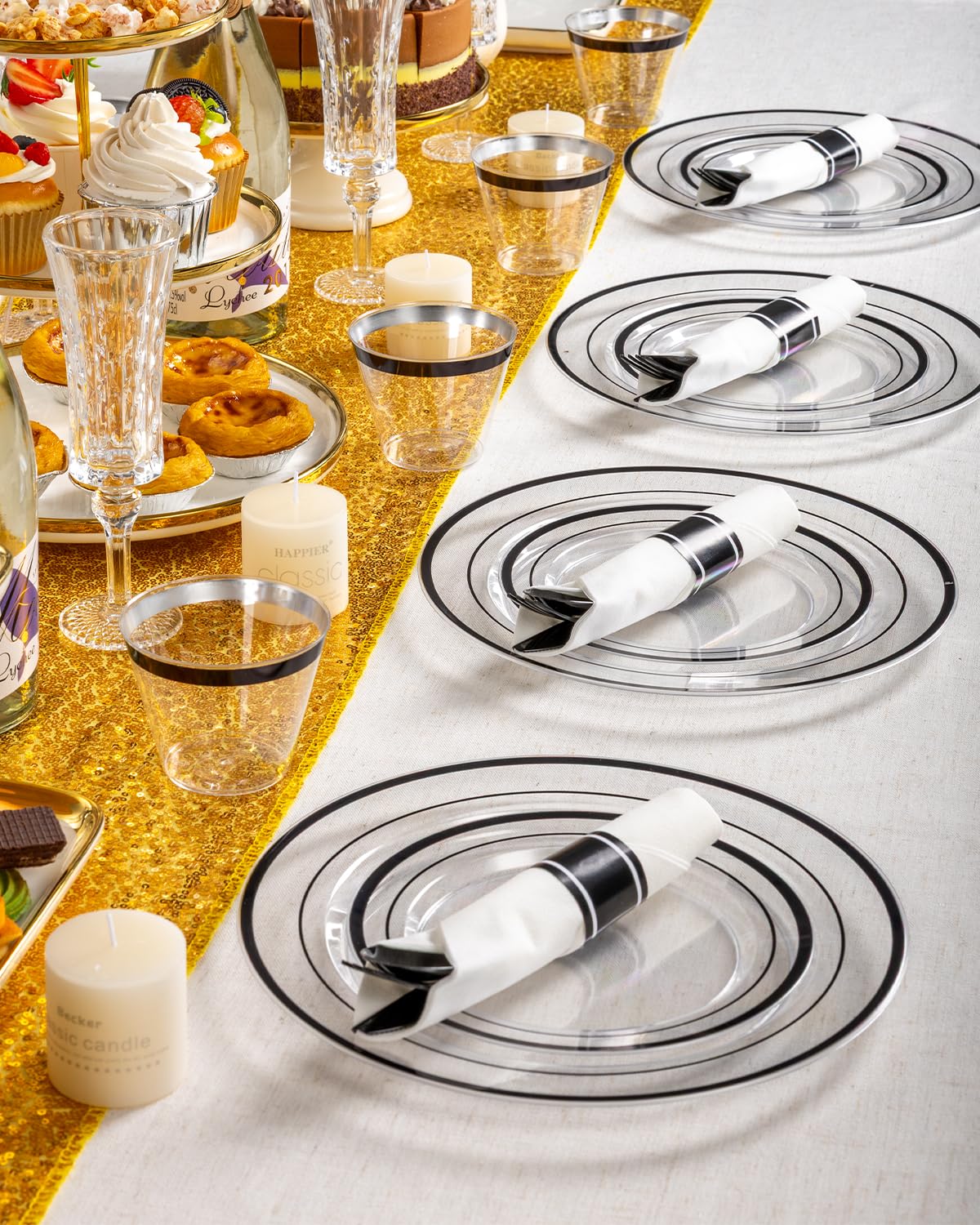 Goodluck 175 Pcs Black Plastic Plates, Clear Plastic Silverware Disposable Plates Set, Include 50 Plates, 25 Pack Pre Rolled Napkins with Silverware, 25 Cups for Party, Wedding, Graduation