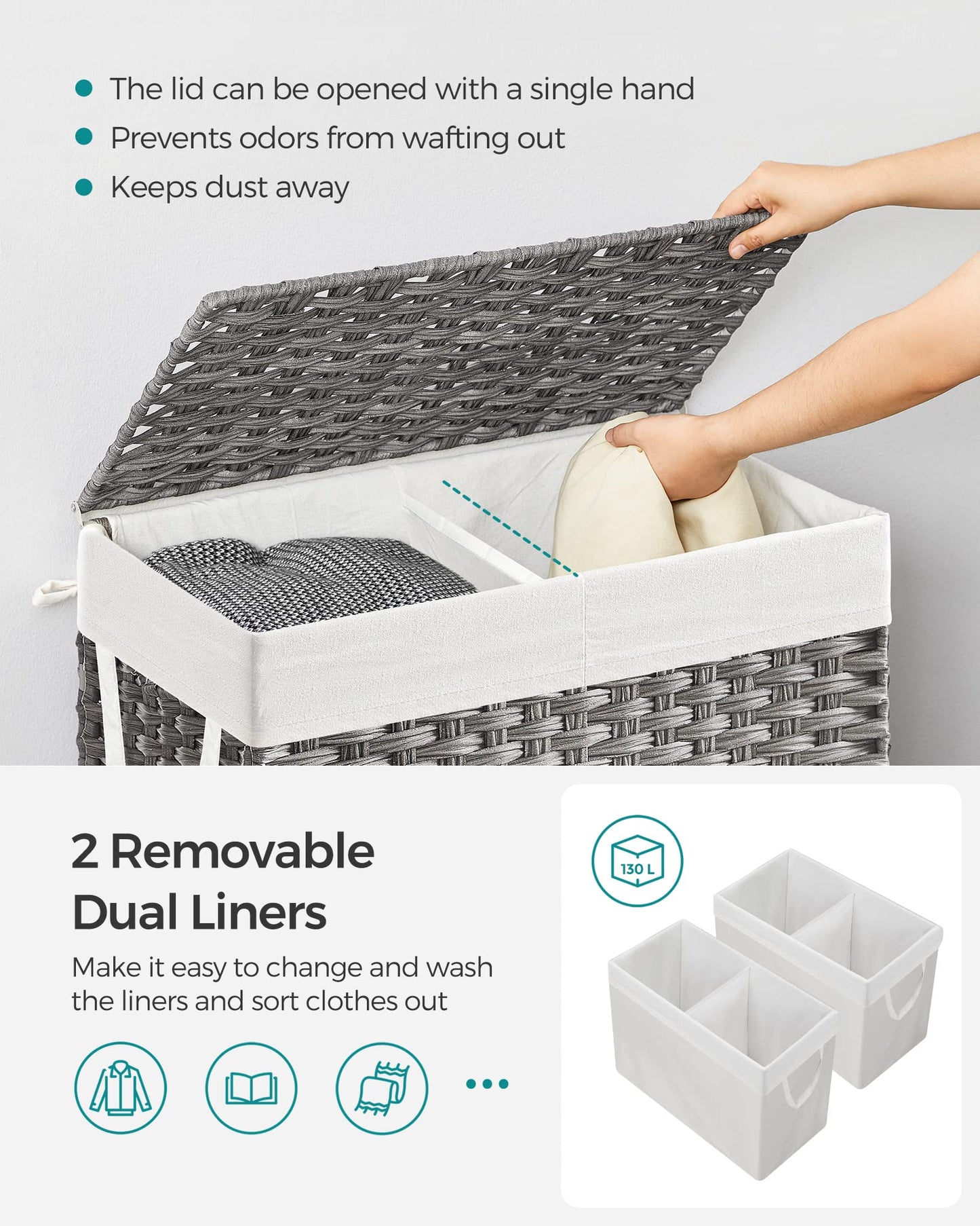 SONGMICS 130L Clothes Hamper with Lid, 2 Removable Liner Bags, 6 Mesh Bags, Wicker, Double Laundry Basket for Bathroom, 13 x 26 x 23.6 Inches, Gray ULCB253G01