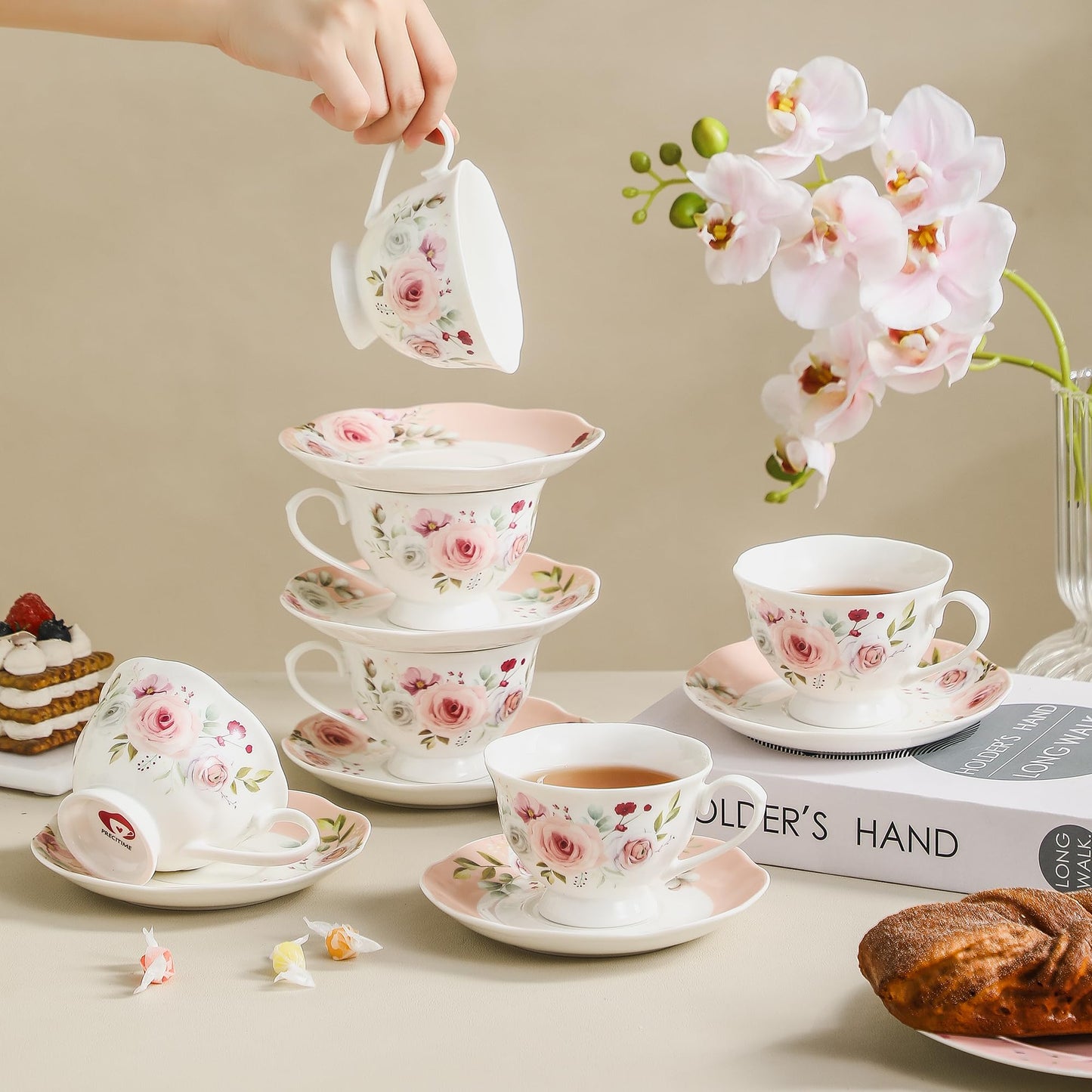 PRECITIME Floral Porcelain Tea Cup Set of 6 (12-Piece), 6 Cups & 6 Saucers with Rose Pattern, 6oz Scalloped Edge Coffee Cups, Dishwasher & Microwave Safe, Elegant Gift