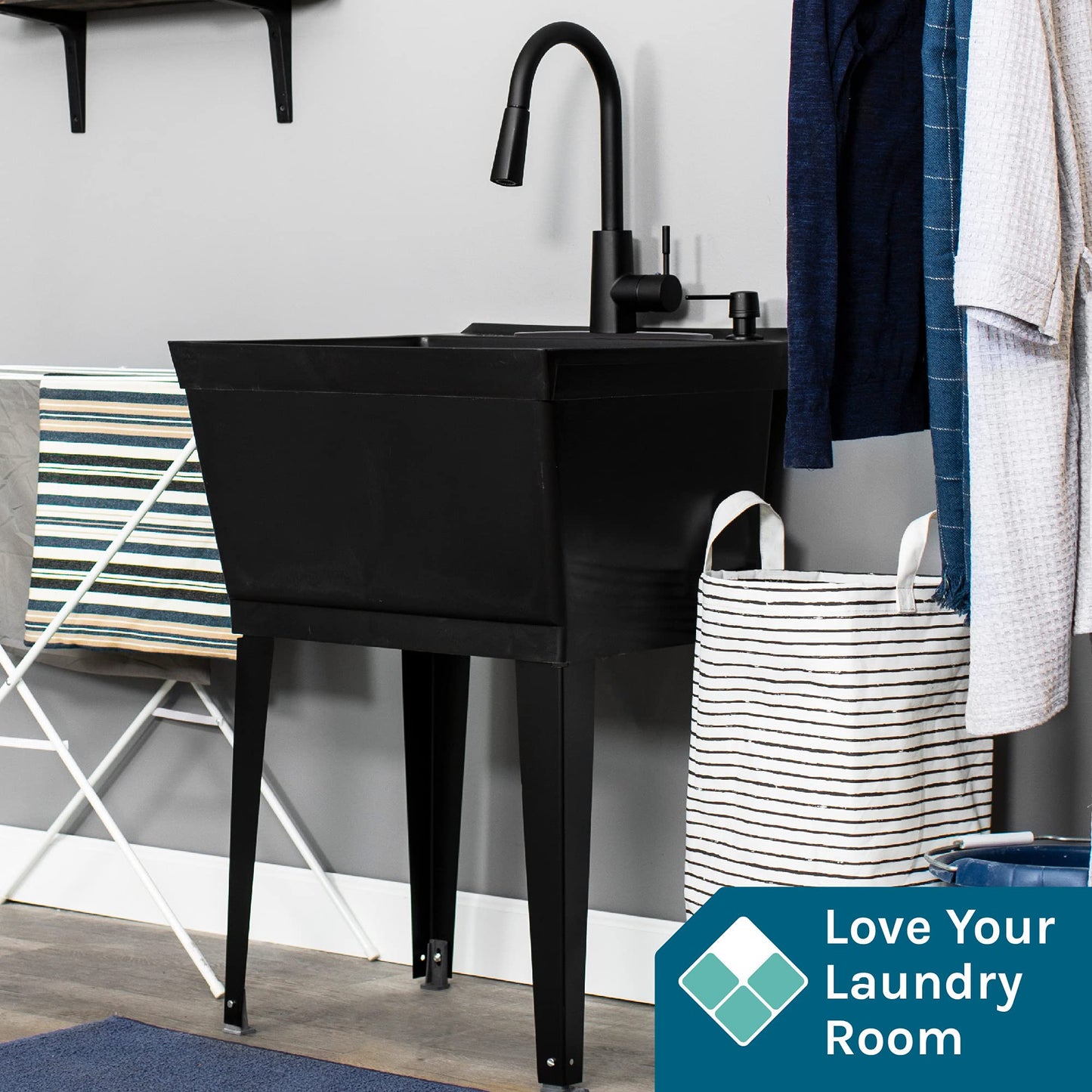 Black Utility Sink with High Arc Black Faucet by VETTA by JS Jackson Supplies, Pull Down Sprayer Spout, Heavy Duty Slop Sink for Washing Room, Basement, Shop, Free Standing Laundry Tub Deep Plastic