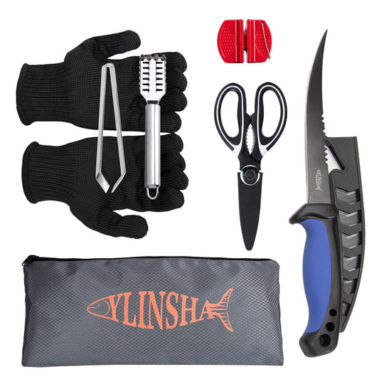 YLINSHA Fishing Knife, Fish Cleaning Kit 7 PC Set with Fish Knife, Fish Scale Cleaning Brush, Multi-Functional Scissors, Anti-Cutting Gloves, Fishbone Tweezers, Storage Bag
