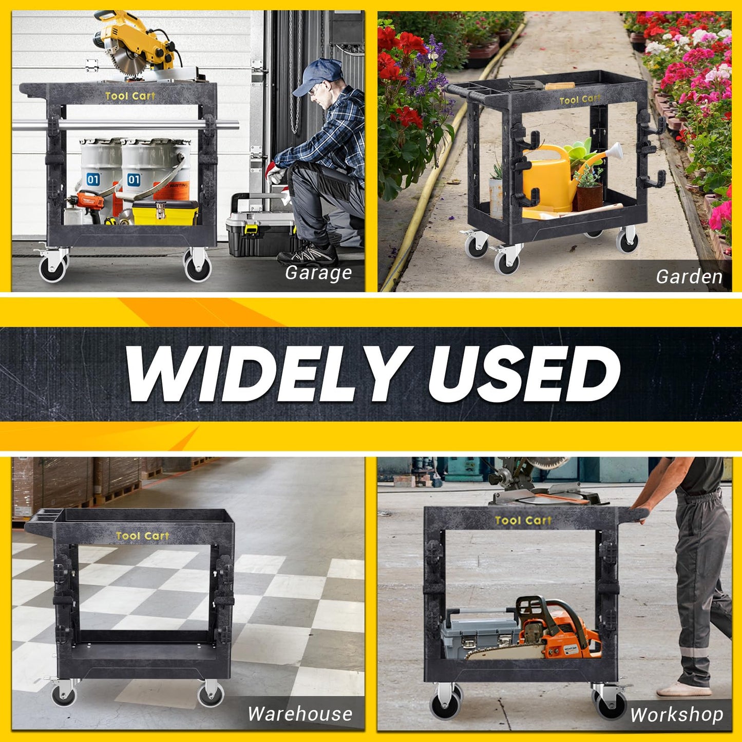 BSMTEK 850lbs Heavy Duty Plastic Utility Cart 34 x 17 Inch-Heavy Work Rolling Cart with Upgraded Side Tube Holder Hooks, 2 Tier Service Cart with Full Swivel Wheel for Warehouse,Garage, Cleaning,Black