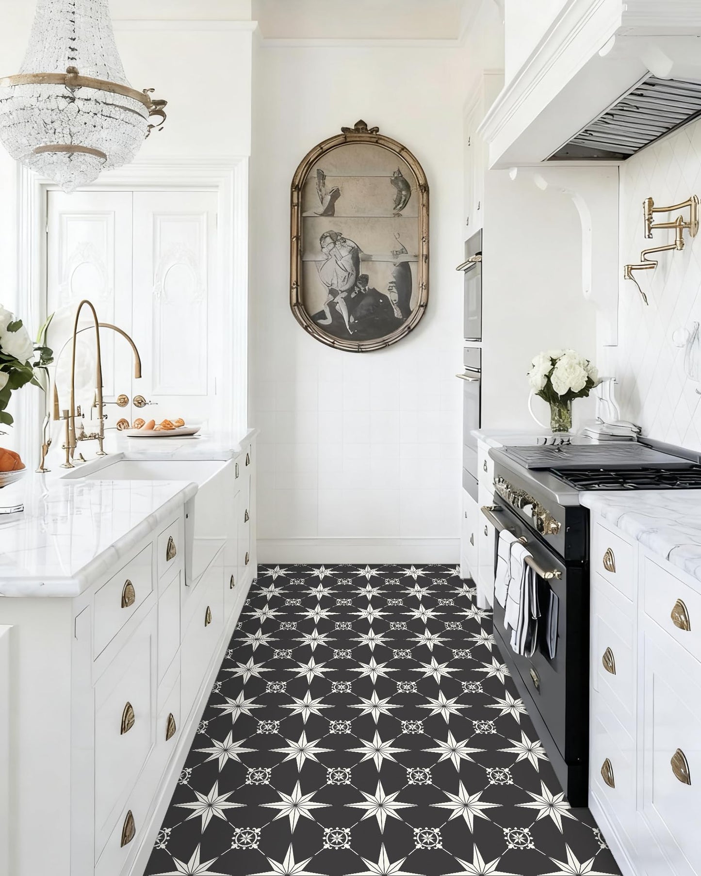 MORCART Peel and Stick Floor Tile - 40 PCS, 7.87" x 7.87" Vinyl Flooring - Waterproof Self-Adhesive Tile Sticker for Bathroom, Kitchen, Living Room, Bedroom - Black and White/Retro Floral Look