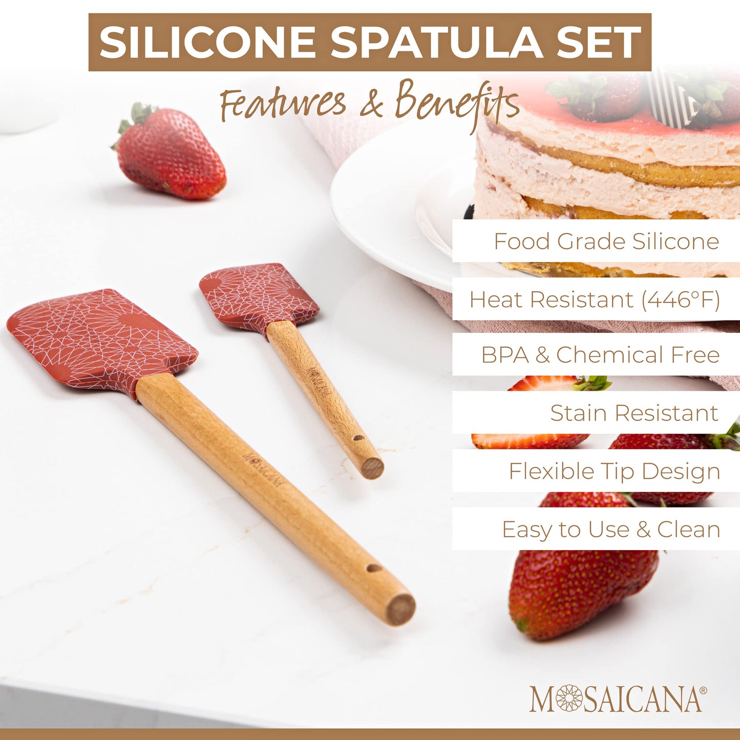Silicone Spatula set of 2 with wooden handle and stunning pattern (Red)
