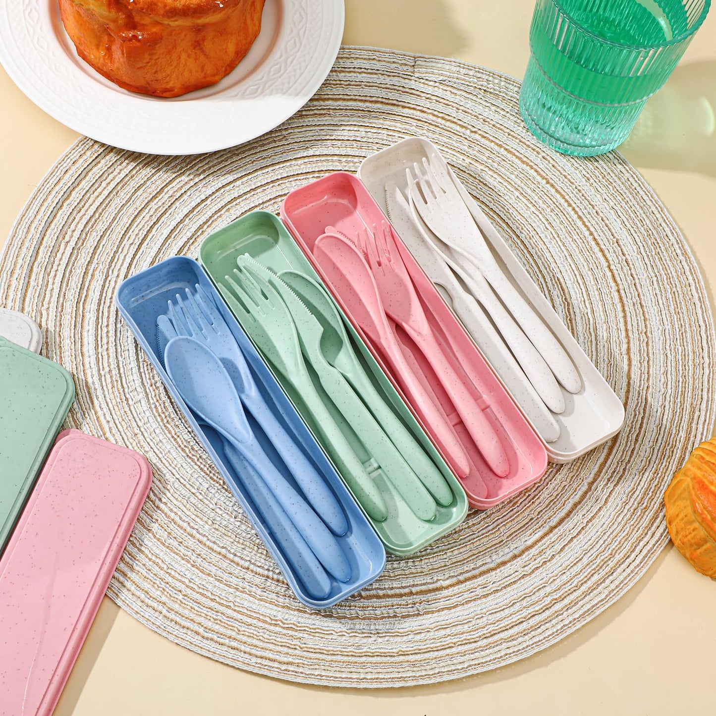 Reusable Utensils Set with Case, 28 Sets Wheat Straw Lunch Utensil Set, Portable Spoon Fork Knife Cutlery for Travel Camping Picnic Office Bento Box, Eco-Friendly BPA Free Tableware