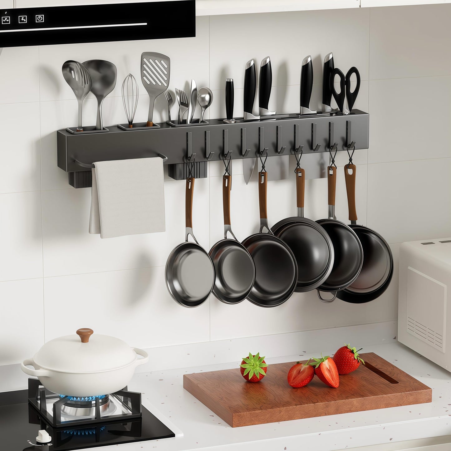 NAT MEYA Stainless Steel Pot and Pan Hanger,Wall Mounted Pot Rack Kitchen Hanging Rail With S Hooks,Detachable Pans Hanging Rail Kitchen Utensils Hanger,23.7 Inch Wall Mounted Hanging Pot Rack