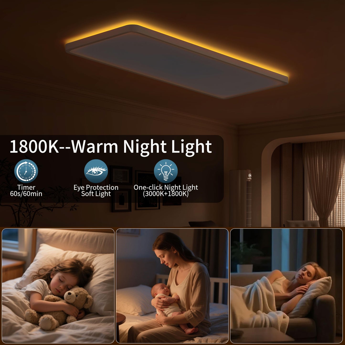 23 Inch Dimmable LED Flush Mount Ceiling Light Fixture with Remote, Square Low Profile Ceiling Light,3000K–6500K Color Changing,Night Light,White,for Bedroom,Kitchen,Living Room