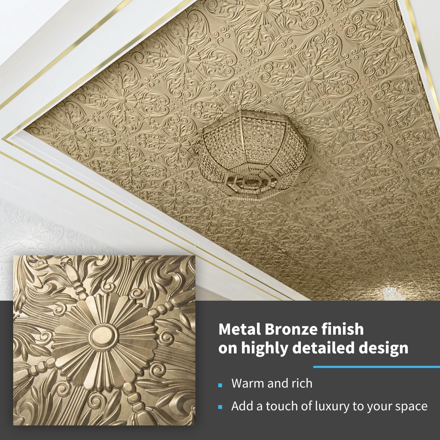 Art3d Decorative Ceiling Tile 2x2 Glue up, Lay in Ceiling Tile 24x24 Pack of 12pcs Spanish Floral in Antique Gold
