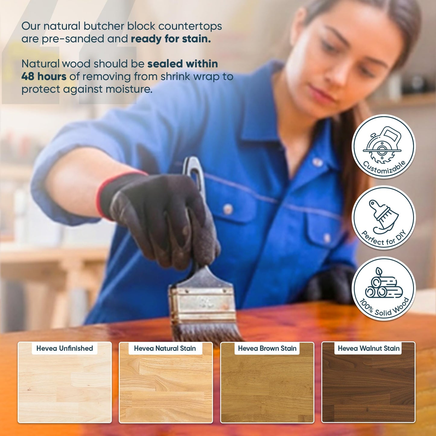 AllForWood 36''L x 25''W x 1.5''Th Hevea Solid Wood Butcher Block Countertop, Butcher Block Table Top for DIY Washer Dryer/Island/Kitchen Countertop (Unfinished)