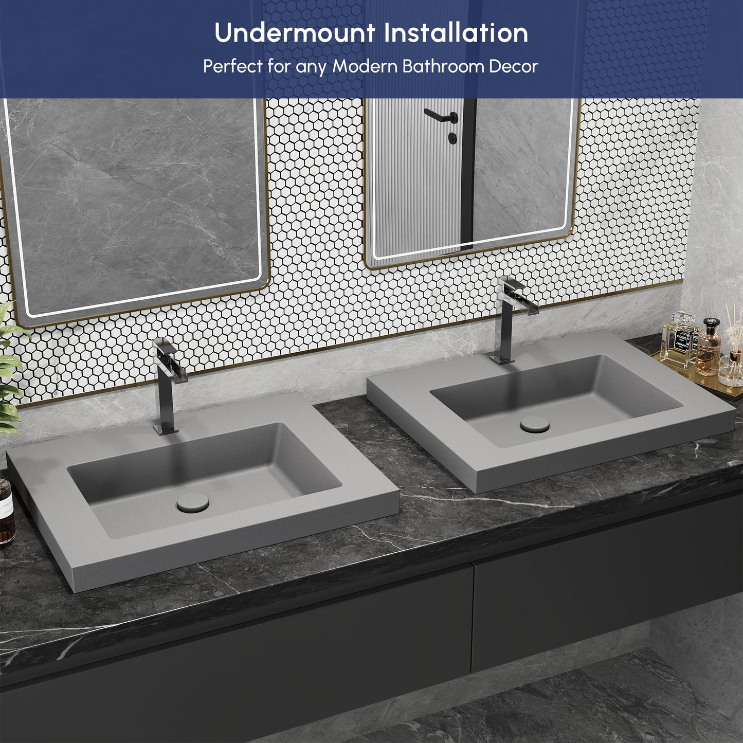 Weibath Semi Recessed Bathroom Sink, 23.4 Inch Rectangular Bathroom Vessel Sink, Drop-In Countertop Basin with Single Faucet Hole, Center Drain Assembly for Modern Vanity Cabinet, Gray