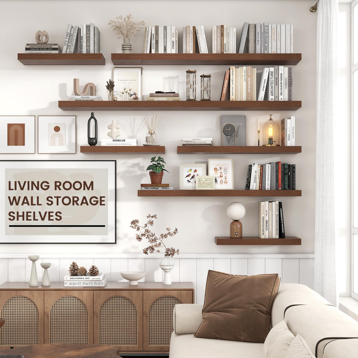 Venusmiles Floating Shelves for Wall, Engineered Wood Wall Shelves with Invisible Brackets for Living Room Bedroom Bathroom Office Kitchen Decor and Storage (Walnut, 48" W x 9" D x 1.5" H) Set of 2