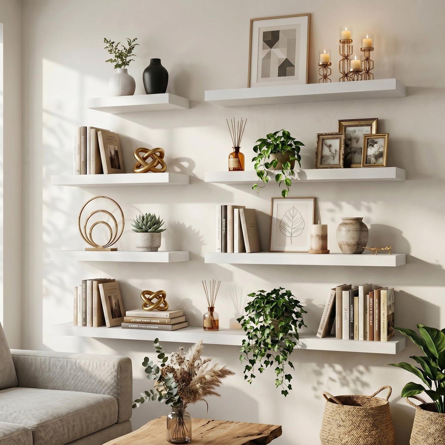 FLYJOE Floating Shelves for Wall, 40 Inch Floating Shelves Set of 2, 8" D Wooden Wall Mounted Display Shelves with Invisible Brackets for Living Room, Bedroom, Bathroom, Kitchen Decor, White