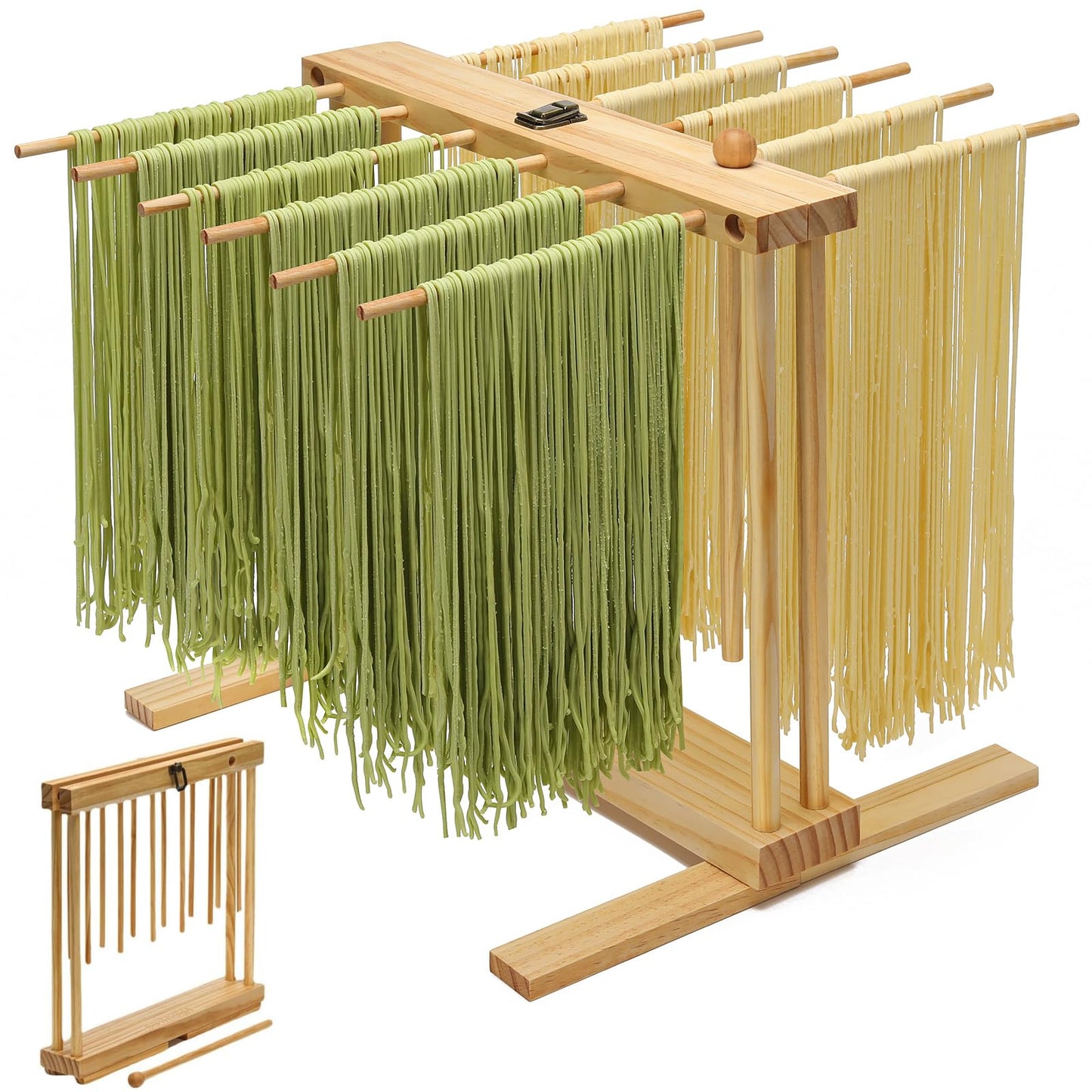 Talentree Collapsible Pasta Drying Rack, Wood Pasta Dryer Hanger Rack, Spaghetti Noodle Drying Hanging Rack Stand with 12 Bars and Transfer Wand, Foldable for Easy Storage