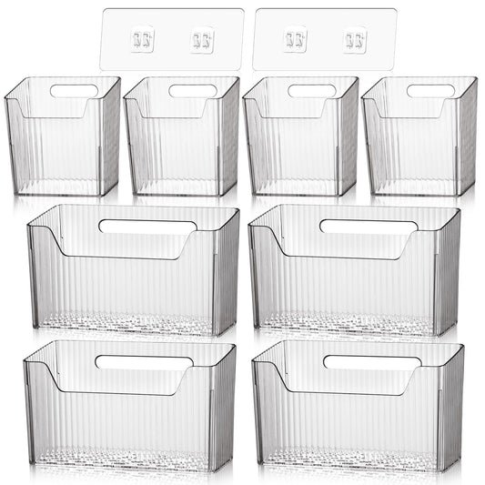 SiliFine 8 Pcs Storage Organizer Bins Wall Mounted Organizer Basket Plastic Cabinet Door Bins Stackable Hanging Baskets for Organizing for Wall Refrigerator Kitchen Bathroom Pantry(3.94'',Clear)