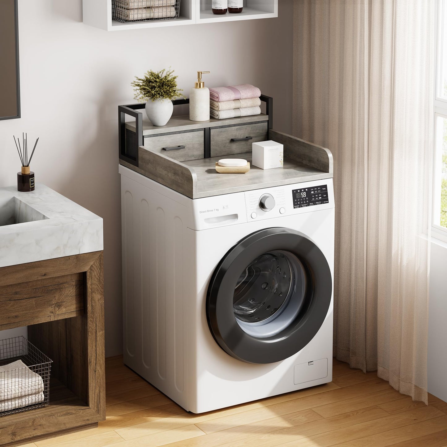 IDEALHOUSE 2-Tier Washer and Dryer Countertop with Shelf or Drawers, Laundry Countertop Cover with Non-Slip Pad, 54"X27.5" Laundry Topper for Folding Clothes Over Washer and Dryer-Grey