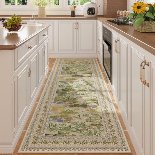 Rugcomf Runner Rug Impressionist-Style Vintage Kitchen Rugs Non Slip Washable Soft Carpet Runner for Kitchen Laundry Bedroom Bathroom, Beige