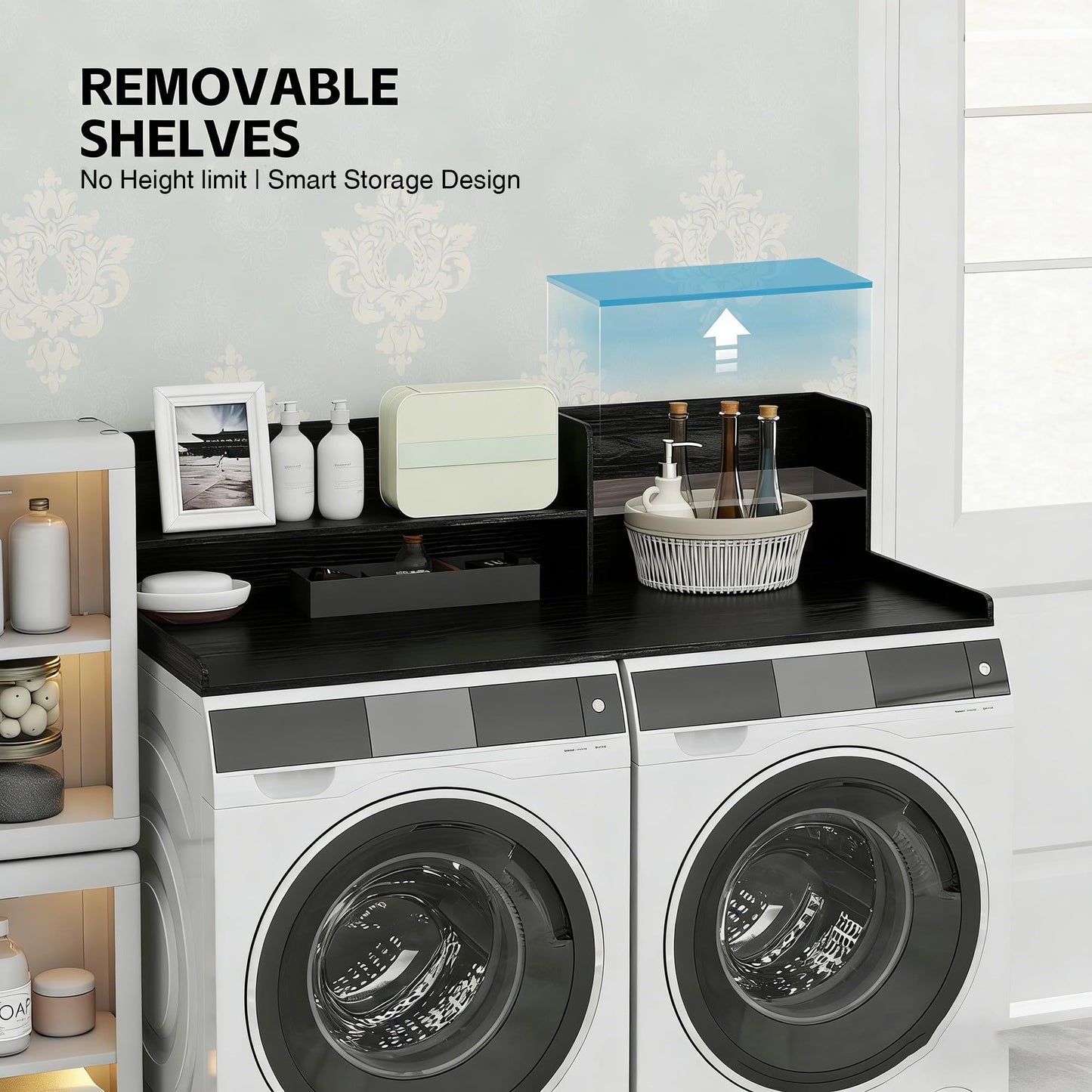 Desility 2 Tier Washer Dryer Countertop with Shelf, 54.7" W X 28.3" D Laundry Countertop with Non-Slip Pad, Wooden Washing Machine Topper for Folding, Sorting & Ironing, Black