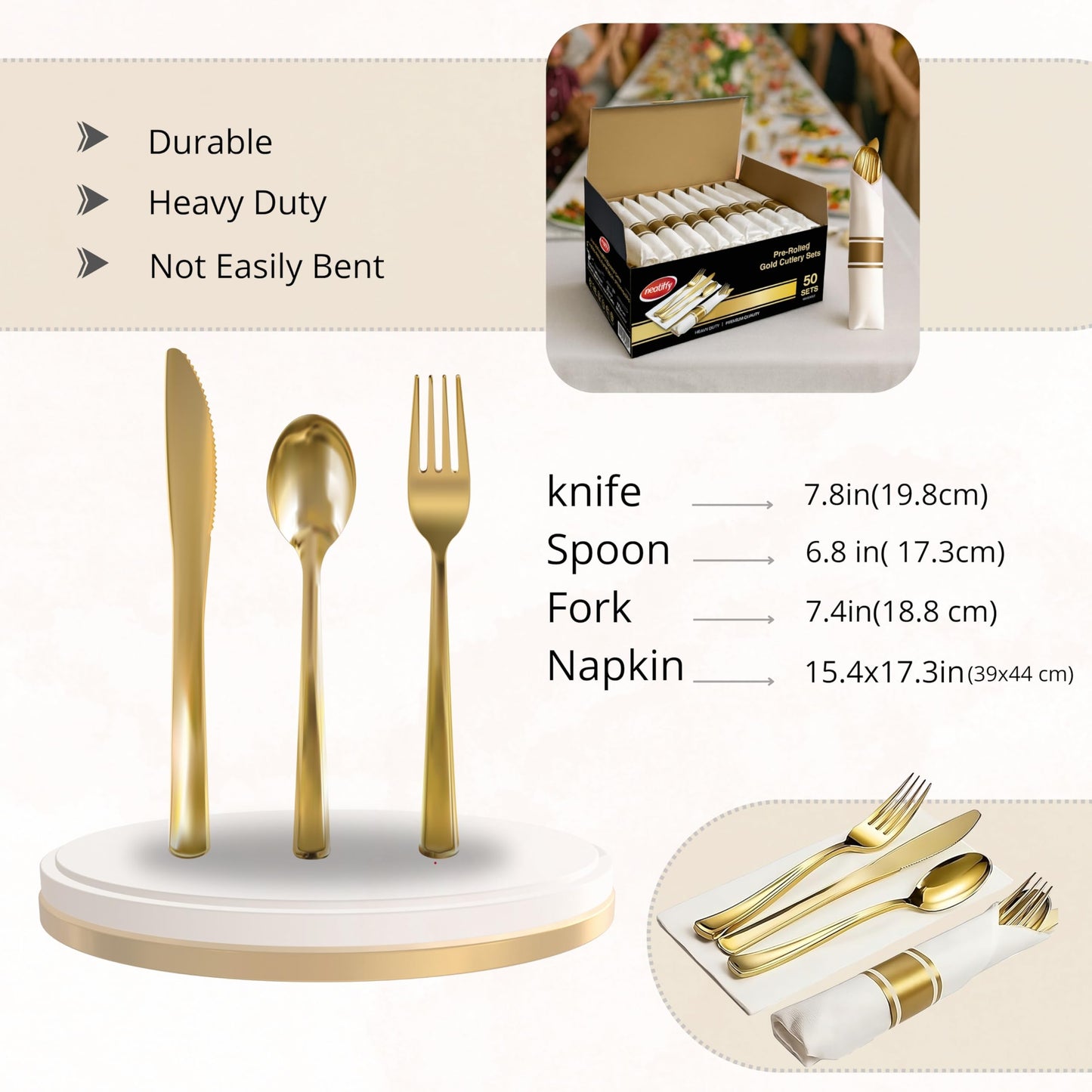 Neatiffy 50 Pack Gold Plastic Silverware Set, Pre Rolled Napkin and Cutlery Set with 50 Forks, 50 Knives, 50 Spoons, 50 Napkins, Utensils, Silverware for Parties, Weddings and Birthdays