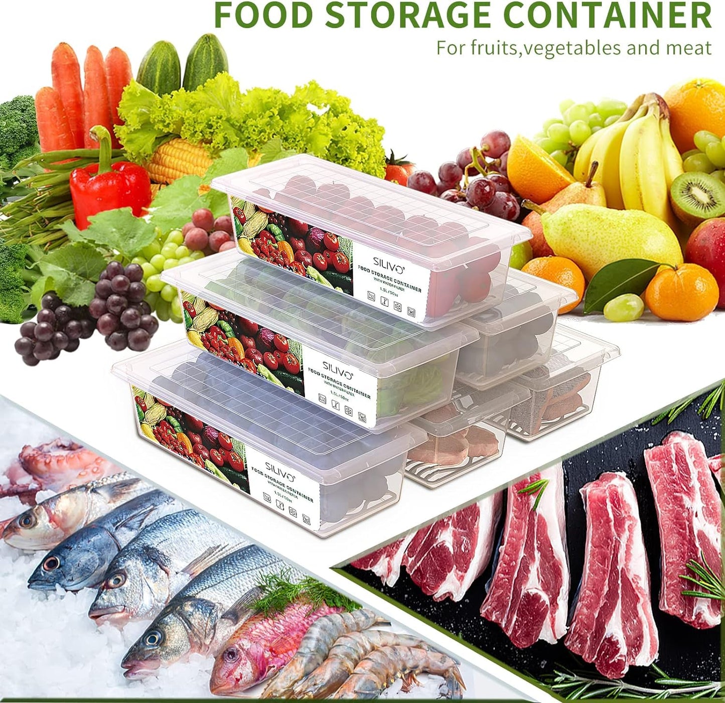 SILIVO Fruit Storage Containers for Fridge (3 Pack) - 1.5L Produce Saver Containers for Refrigerator with Removable Drain Tray Keep Fresh for Produce, Bacon, Fruits and Vegetables
