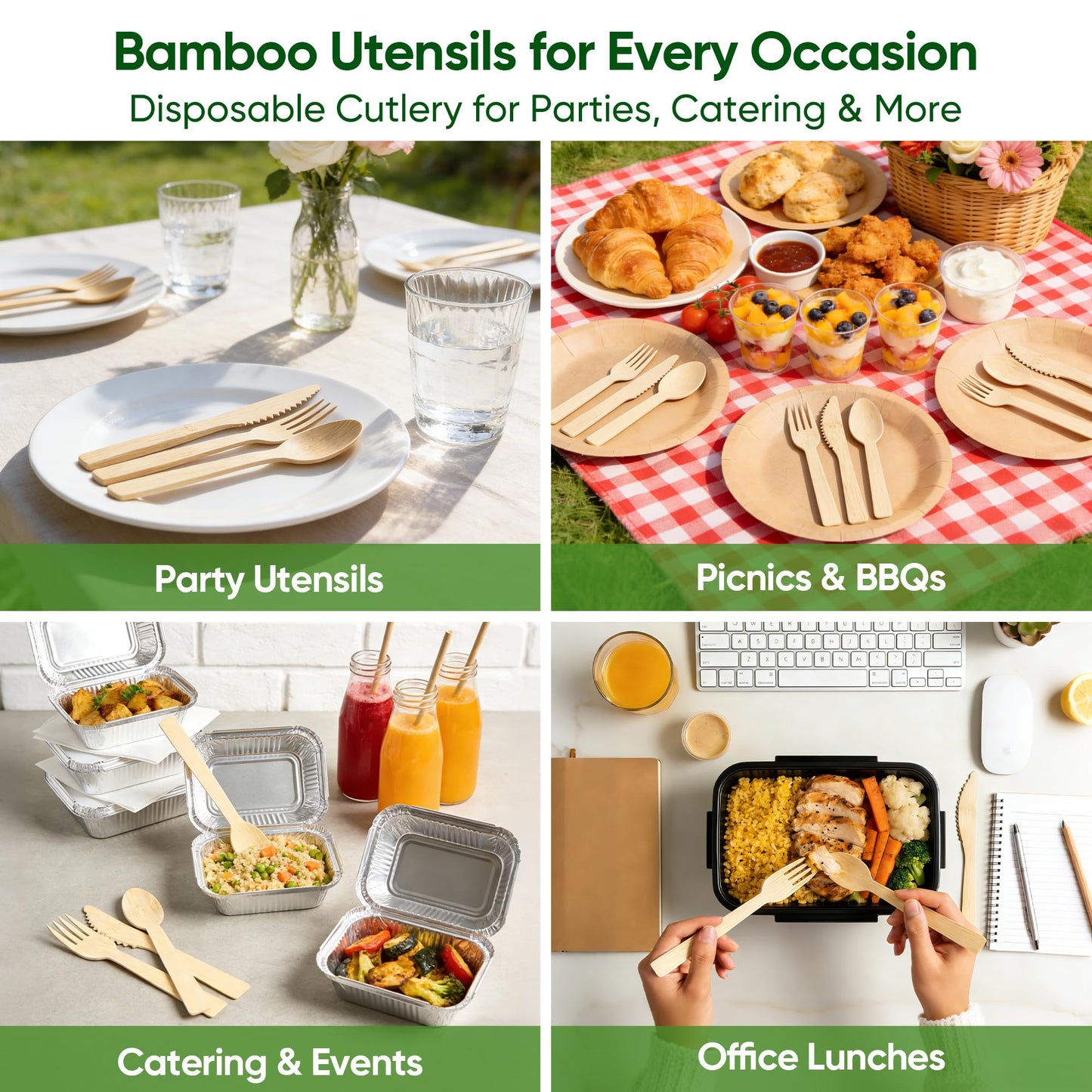FEHHTO Disposable Bamboo Utensils Set, Compostable Cutlery, Eco-Friendly Disposable Silverware for Parties, Catering, Office Lunches –100 PCS Spoons