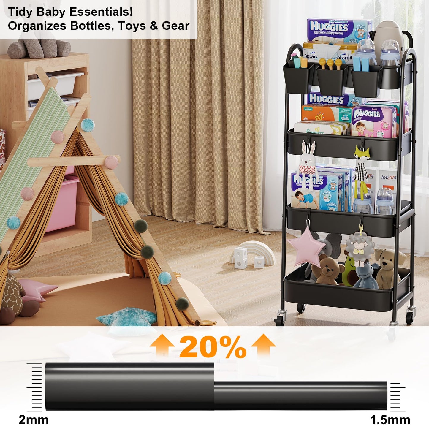 Black 4 Tier Rolling Cart Metal with Lockable Wheels, Four Tiered Tall Storage Rolling Cart on Wheels, Heavy Duty Utility Organizer Carts for Laundry, Kitchen, Dorm, Craft, Art, Snack,Mesh Basket,38in