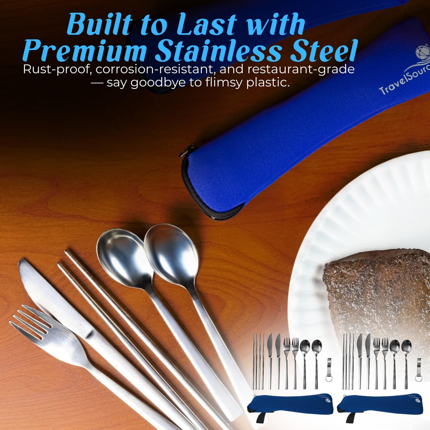 Camping Travel Utensils with Case - 4-Person (2 Pouches) Fork, Spoon, Knife Silverware Set - Reusable Portable Hiking Camping Lunch Cutlery - Family Mess Kit - Stainless Steel