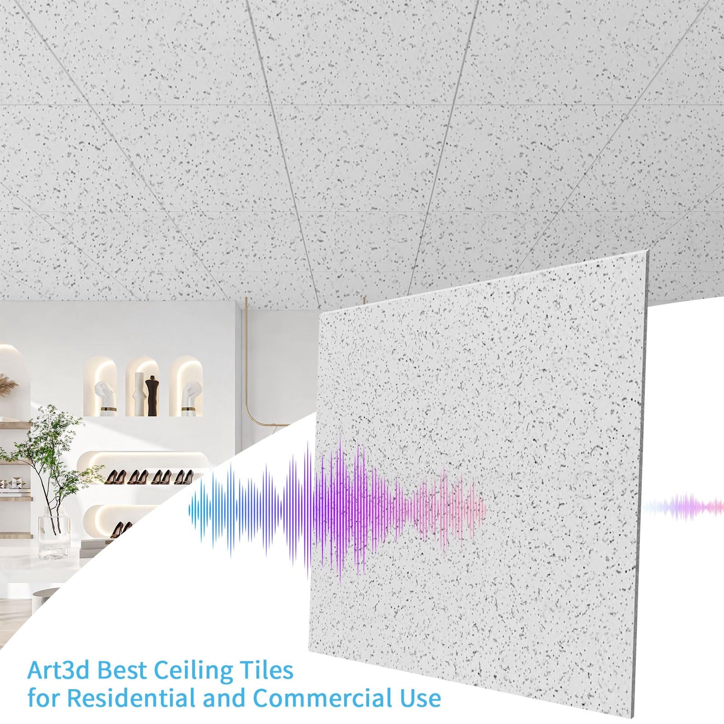 Art3d Pro Drop Ceiling Tiles 2ft x 2ft, 12-Pack Waterproof Polyester Ceiling Panels for Office Basement Kitchen Recording Room, Reusable,Covers 48 Sq.Ft, White Stucco Printing