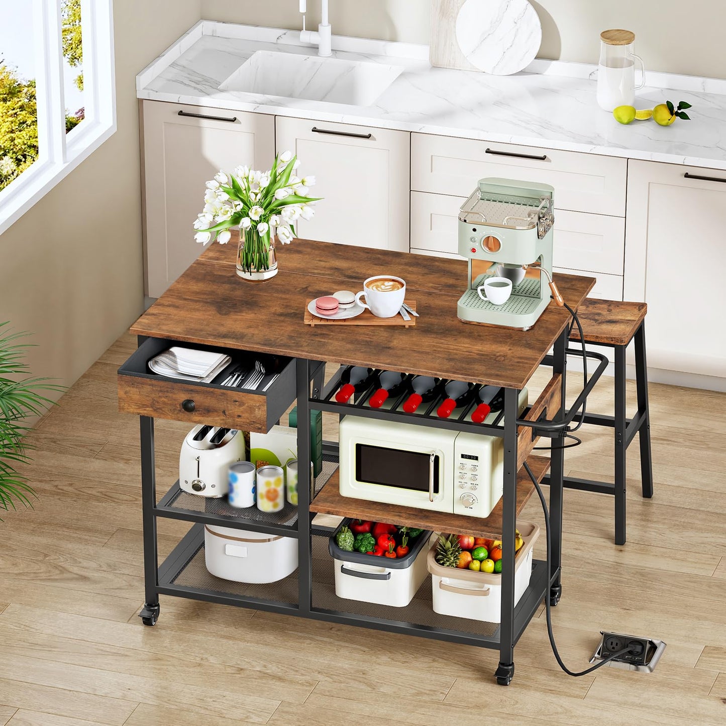 HOOBRO Kitchen Island with Power Outlet, Rolling Kitchen Cart with Drop Leaf, Island Table with Extendable Worktop and Adjustable Shelf, Kitchen Island Cart for Dining Room, Rustic Brown BF22UZD01